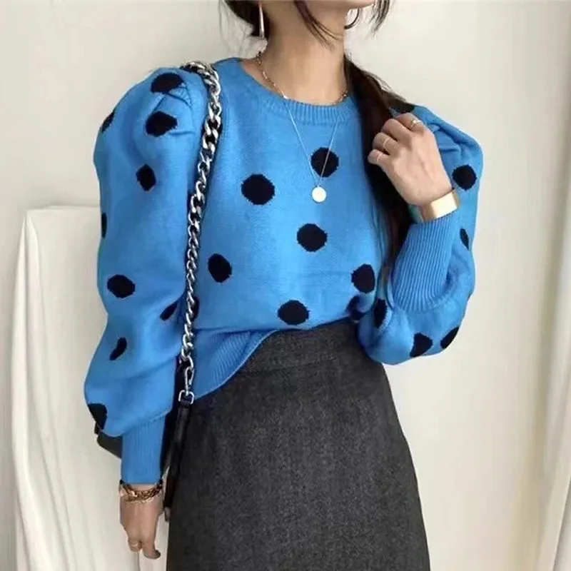 Vintage Polka Dots Knit Sweater Women Puff Sleeve O Neck Loose Casual Pullovers Korean Simple All Match Office Lady Fall Jumpers