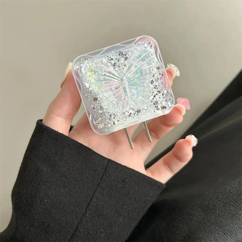 Cute Laser Butterfly Glitter Charger Cover For IPhone 11 13 14 15 18W-20W Clear Silicone Charge Protection Cover Charger Sleeve