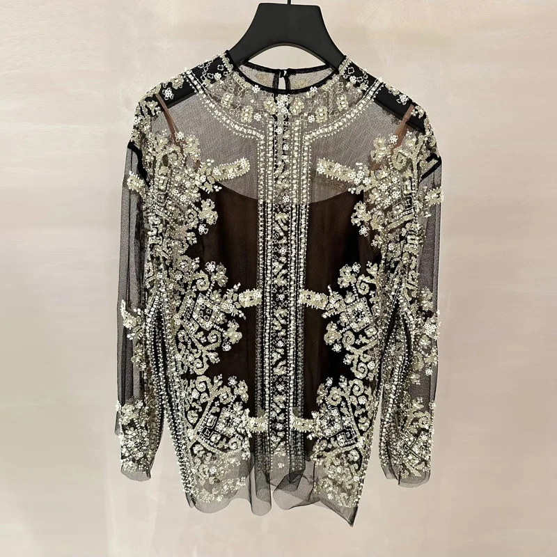 

Exquisite Handmade Black Silver Net Shirt Luxury Retro Treasure Cabinet Floral High-End Women's Business Casual Long Sleeve S...
