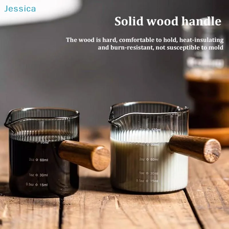 ♥Ribbed Glass Milk Frothing Cup with Wooden Handle - 120ml Measuring Cup for Coffee & Milk