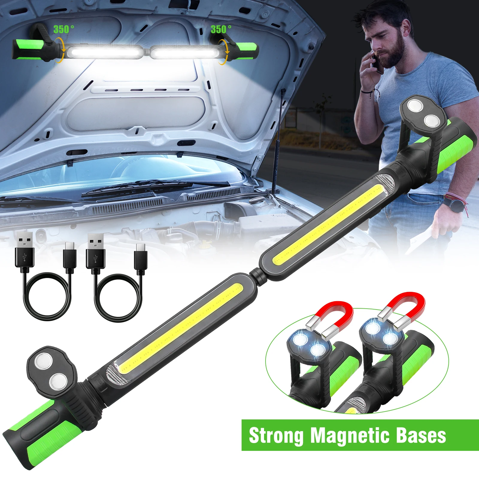 Rechargeable LED Work Light Adjustable Cordless Magnetic and Portable Mechanic Light with Hooks Car Repair  Inspection Garage