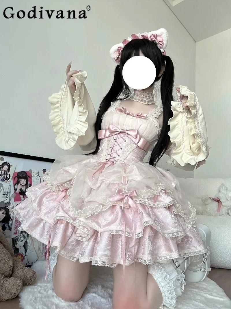 

Платье-комбинация JSK в стиле Лолита Dream Sweet Girl, двухмерный субкультурный косплей, балетный стиль, с бантом, кружевом, расклешенными рукавами и бретелями