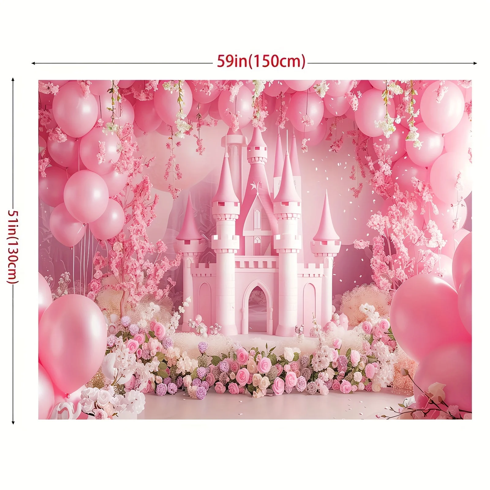 Fond de fête de princesse château rose, fête d\'anniversaire avec ballons arqués et motif floral