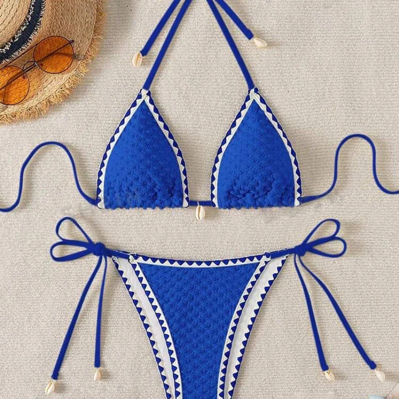 Sexy Halter Wrinkled Weave Bikini Set Shell Designer Swimsuit Women Push Up Micro Bikinis Summer Bathing Suit Swim Beach Wear