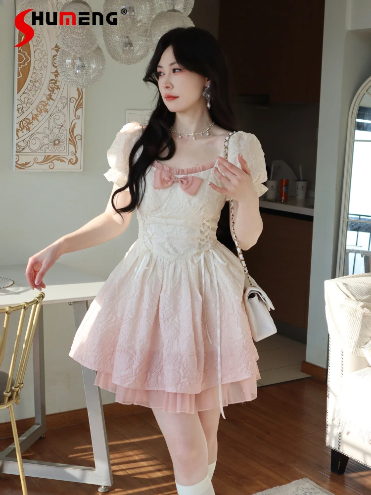 

Japanese Sweet Princess Dress Gradient Pink Square Collar Flare Sleeve Lace-up Bow High Waist Slim Fit A-line Short Dress Women