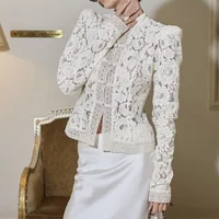 Solid Color Embroidery Blouse See-through Full Sleeve Patchwork Blouse Single Breasted Slim Fit Chinese Style Top Summer Wear 3