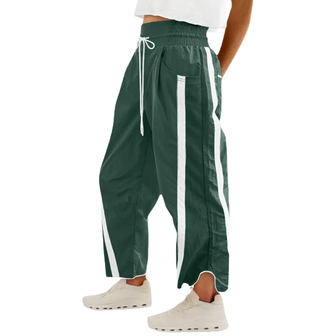 Patchwork Full Length Pants Straight Fit Elegant with Straight Leg Medium Stretch Gathered Detail Elegant Chic Women Pants