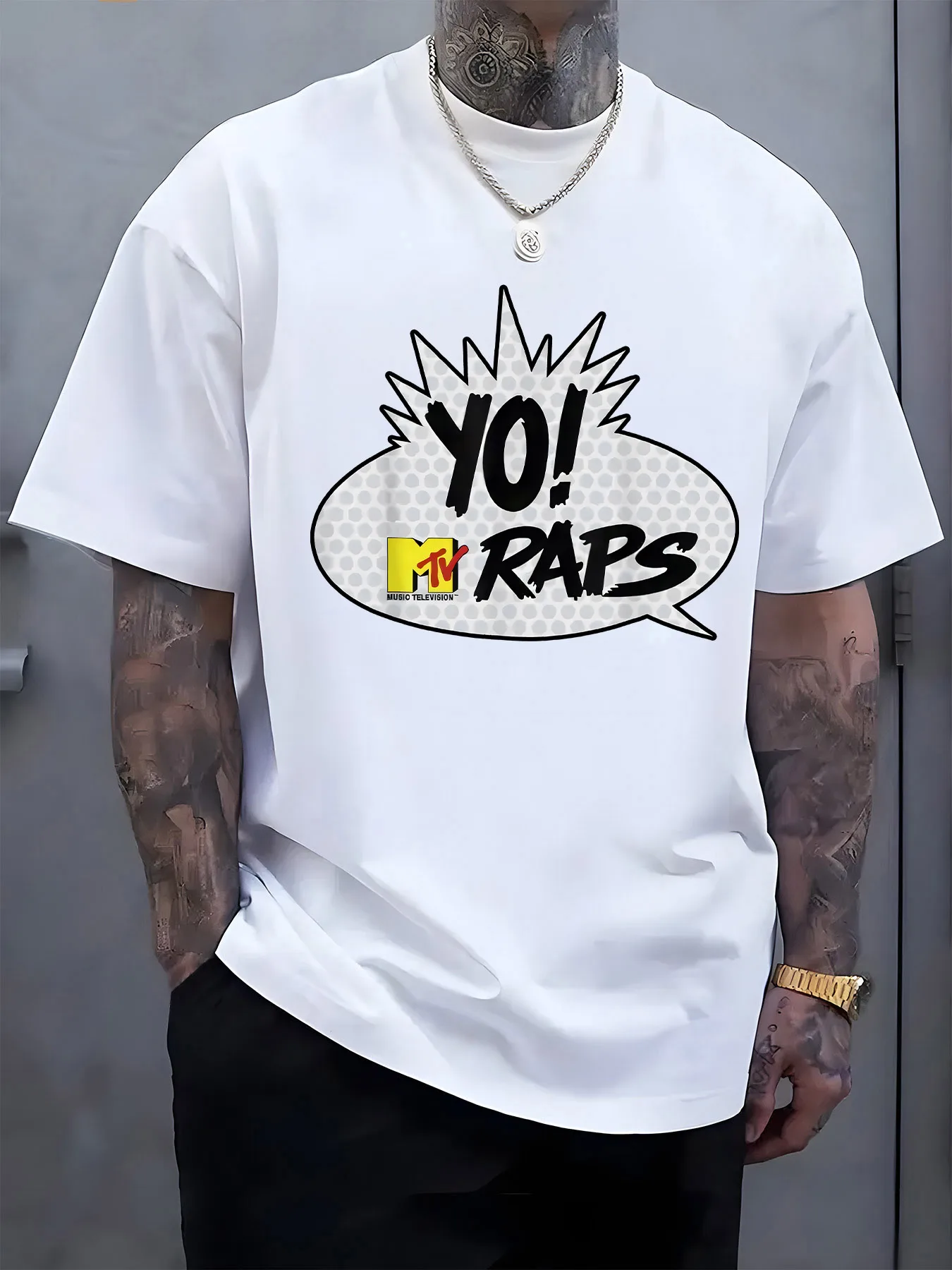 Men'S Black  YO! RAPS  Graphic T Shirt Casual Short Sleeve Crew Neck Tee with MTV Logo Perfect for Summer  Spring Outdoor
