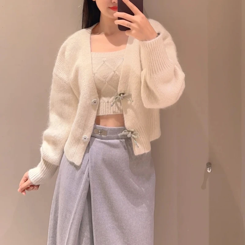 

2024 Japan Style Chic Sweet Knitwear Two Piece Sets Bow Diamonds Button C-neck Cardigan Sweaters Slim Fit Camisole Women Suit