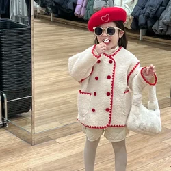 Girls Coat Korean Winter Contrasting Lace Double Row Red Velvet Buckle and Thick Velvet Fashionable Jacket Kids Clothes