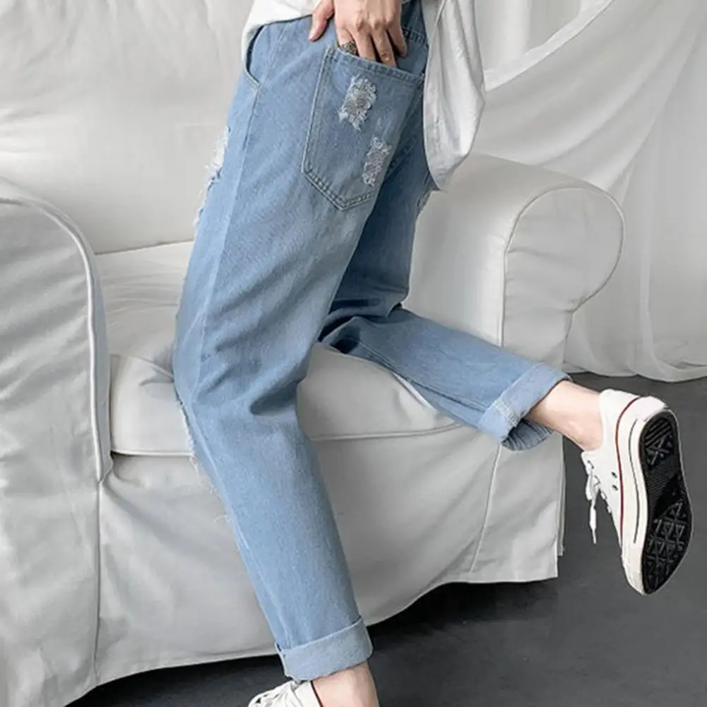 Men Pants Solid Color Ripped Mid Waist Casual Students Jeans for Daily Wear