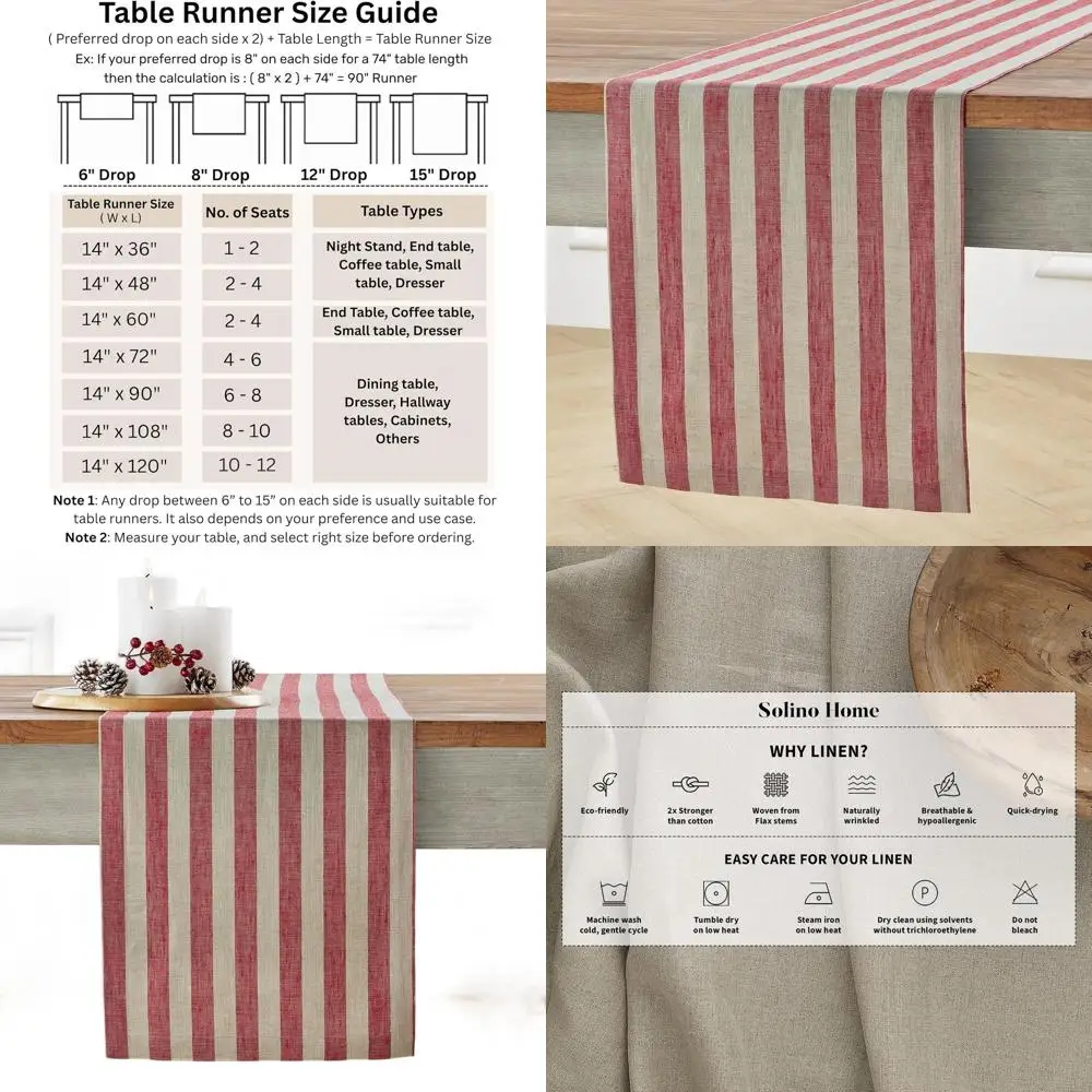 

Скатерть из чистого льна Sorrento Stripe, 14 x 108, красный и натуральный для сезонной столовой