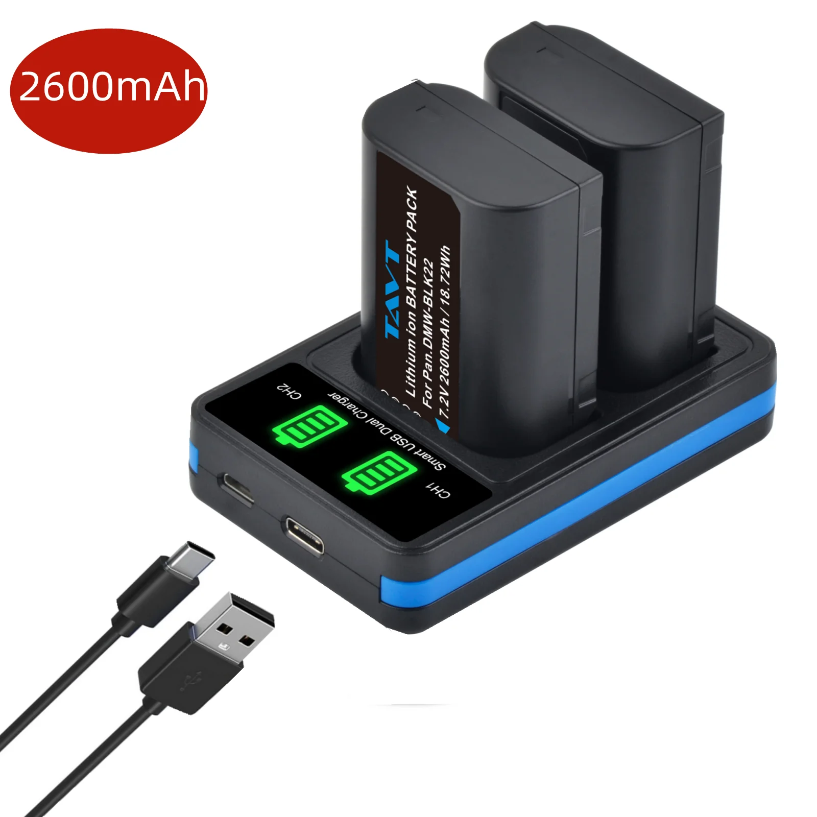 

2600mAh DMW-BLK22 DMW BLK22 Battery+LED Charger with Type C Port for Panasonic LUMIX DC-S5 DC-S5K DC-S5K DC-G9 GH6 S5IIX S5M2X