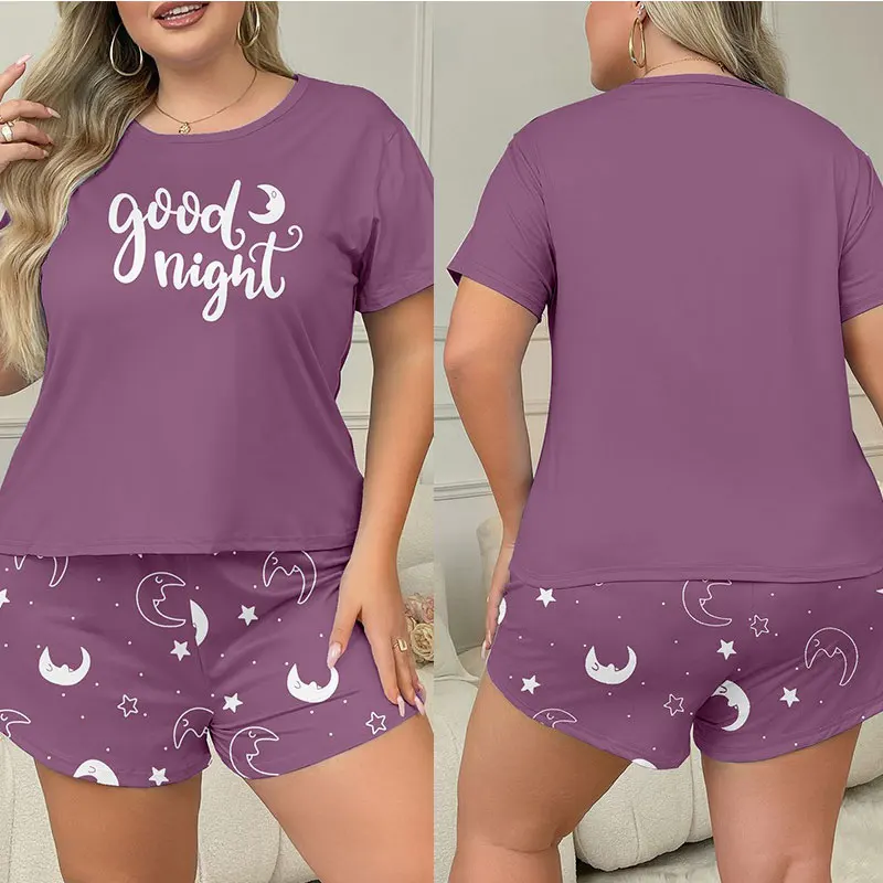 

Summer Ladies Sleepwear Double Short Set Letter Print Moon Star Pattern plus Size Pajamas Comfortable Lightweight Home Clothes