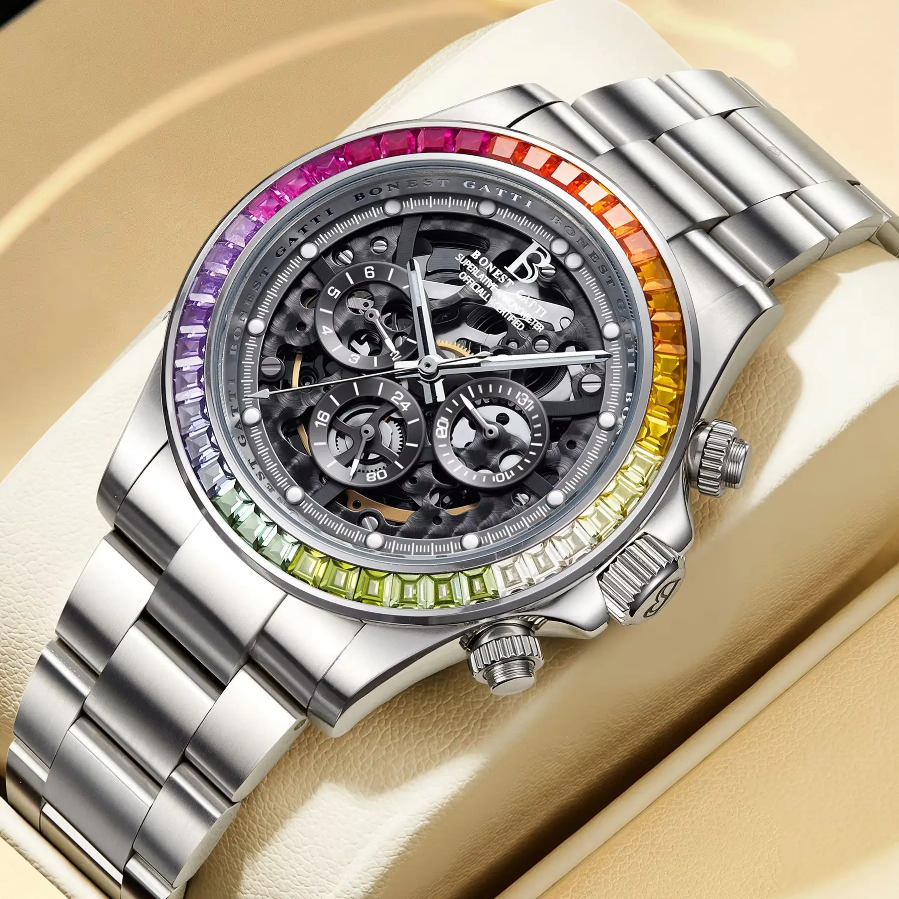 BONEST GATTI Men Automatic Watch 40mm Mechanical Wristwatch 50m Waterproof Sapphire Mirror Luminous Week, Date, 24 Hours