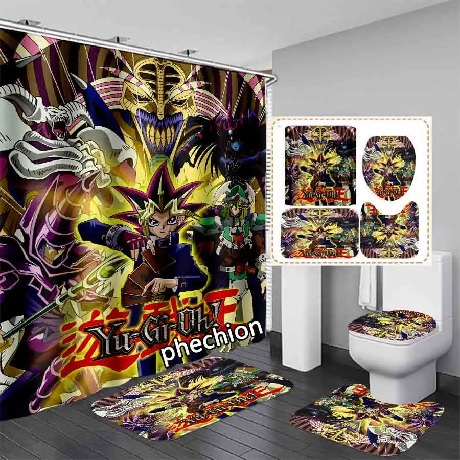 phechion Anime Yu-Gi-Oh 3D Print Waterproof Bathroom Shower Curtain Toilet Cover Mat Non-Slip Floor Mat (1/3/4Pcs) W62