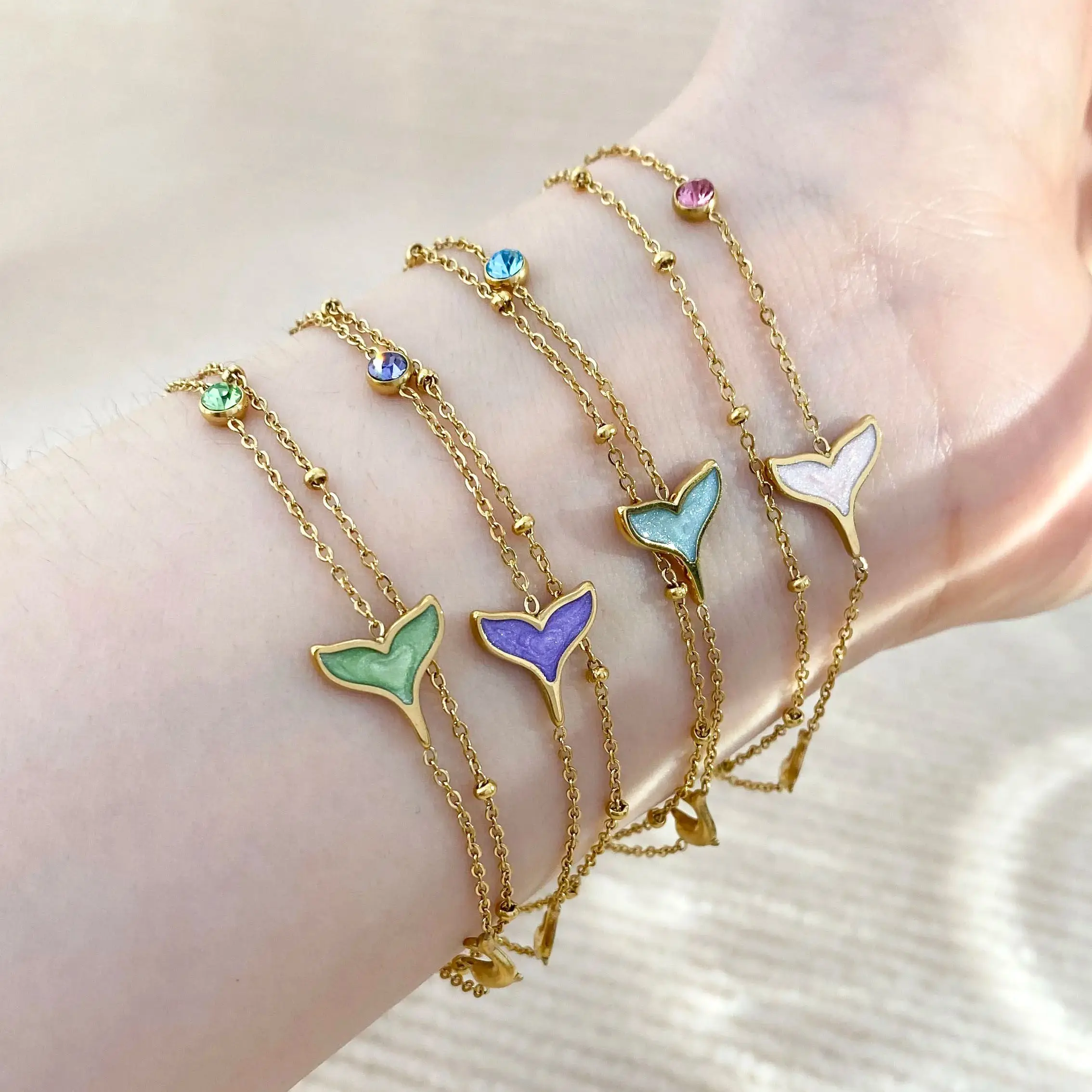 

New Stainless Steel Bracelet Enamel Stack Double Layer Bracelets Gold Plated Mermaid Tail Waterproof Jewelry Zircon Bracelet