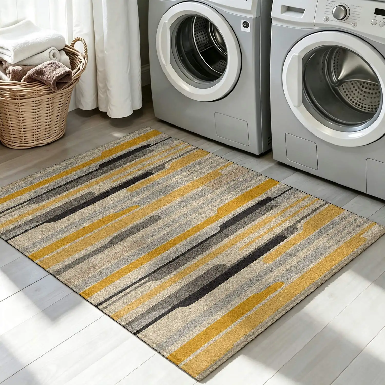 1Pc 2D Printed Nordic Modern Minimalist Geometric Striped Carpet, Yellow-Grey, Instagram-Style Floor Mat, Machine Washable, Multi-Size, Home Decor for Entrance, Dining Room, Foyer, Living Room, Bedroom