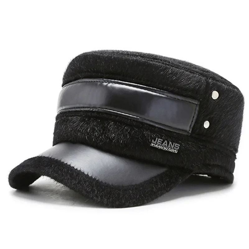 

new winter men's cap Military Hats Imitation mink fur warm earmuffs hat adjustable men flat cap dad casual brands caps