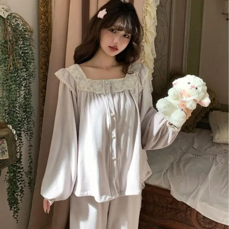 

Winter Autumn New Pajama Set Palace Lace Trim Purple Double Sided Fleece Homewear Island Fleece Sleepwear Cute Kawaii Nightwear