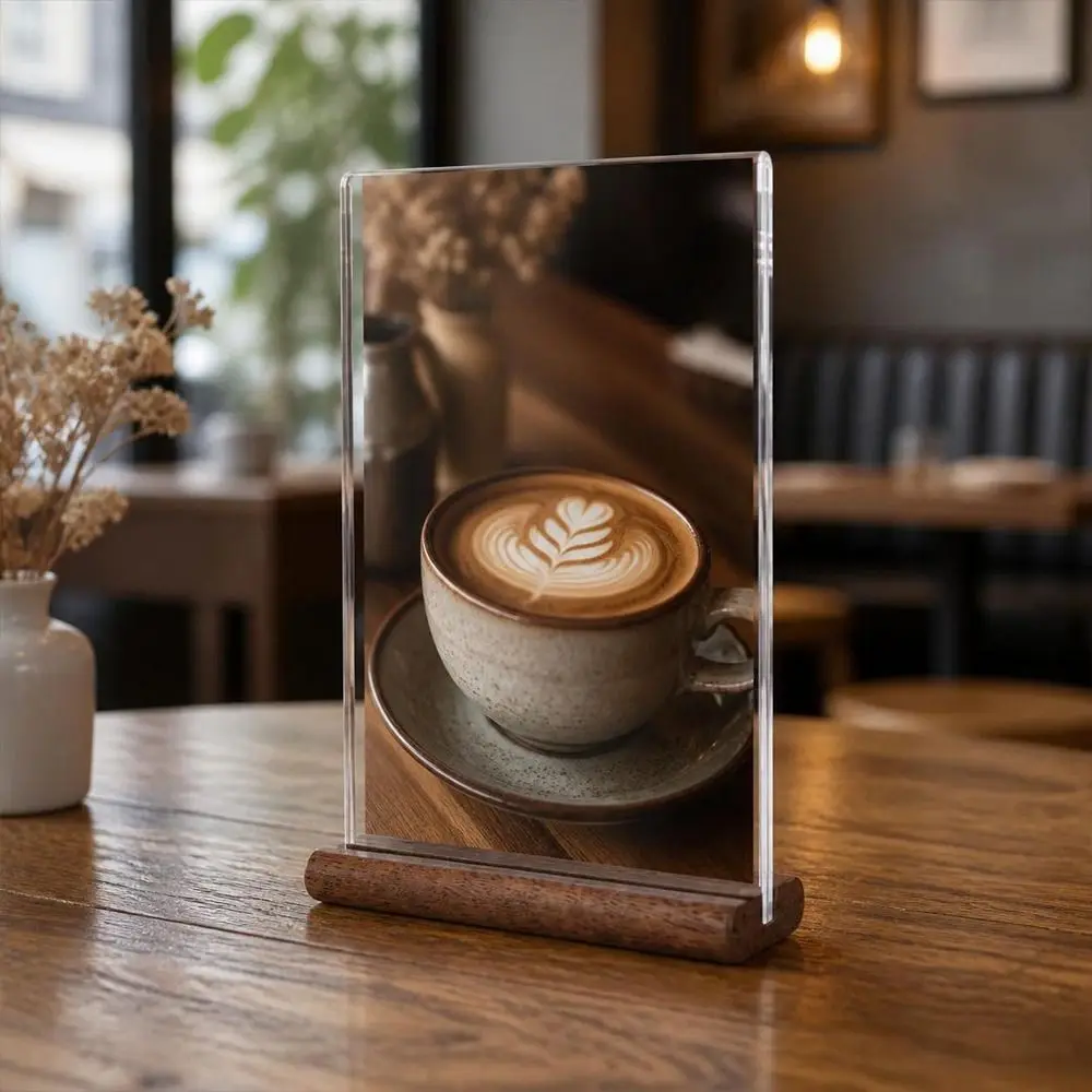 Transparent Acrylic Table Sign Card Holder Solid Wood Base Desktop Standing Price Display Stand Double-Sided Display