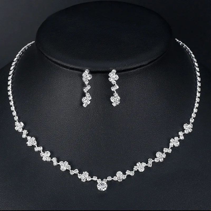 Fashion Crystal Bridal Jewelry Sets Silver Color Geometric Choker Necklace Earrings Bracelet Wedding Jewelry Set Noble elegant