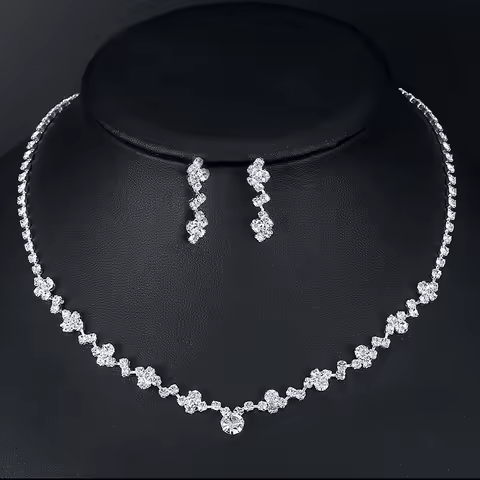 Fashion Crystal Bridal Jewelry Sets Silver Color Geometric Choker Necklace Earrings Bracelet Wedding Jewelry Set Noble elegant