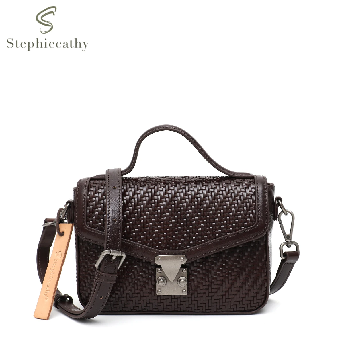 

SC Women's Handmade Woven Leather Messenger Bag Vintage Flap Top-handle Square Purse Small Portable Cross body Shoulder Handbags