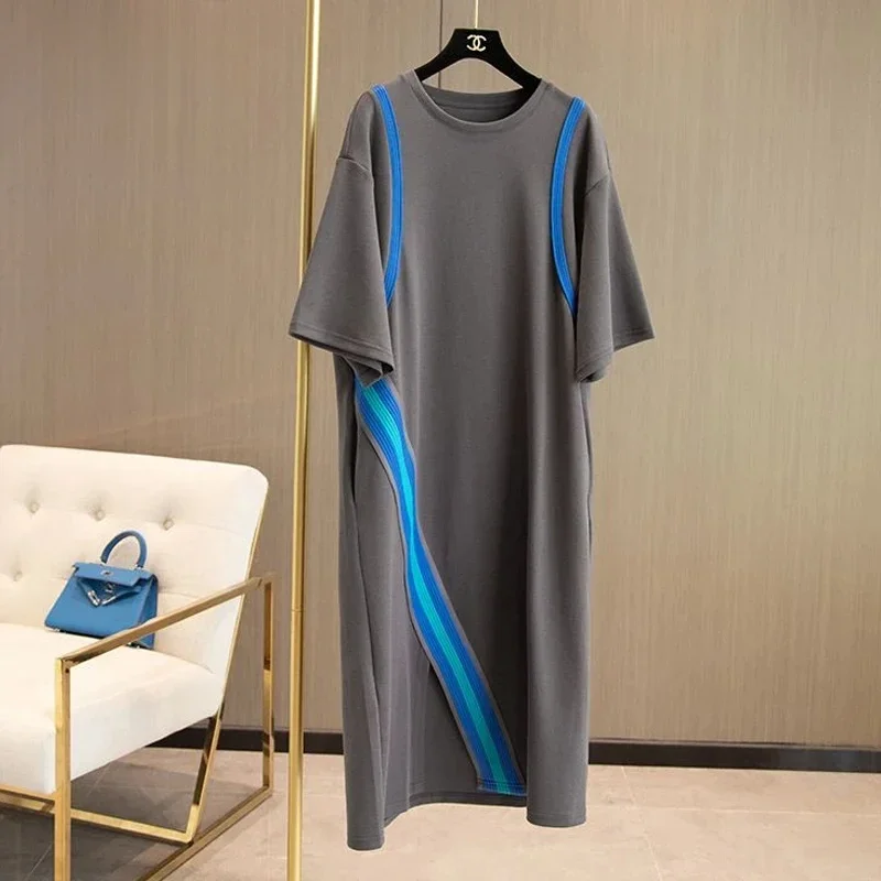 Robe t-shirt patchwork surdimensionnée pour femmes, robe décontractée, robe d'été, col rond, manches courtes, documents d'abonnés, mode, nouveau