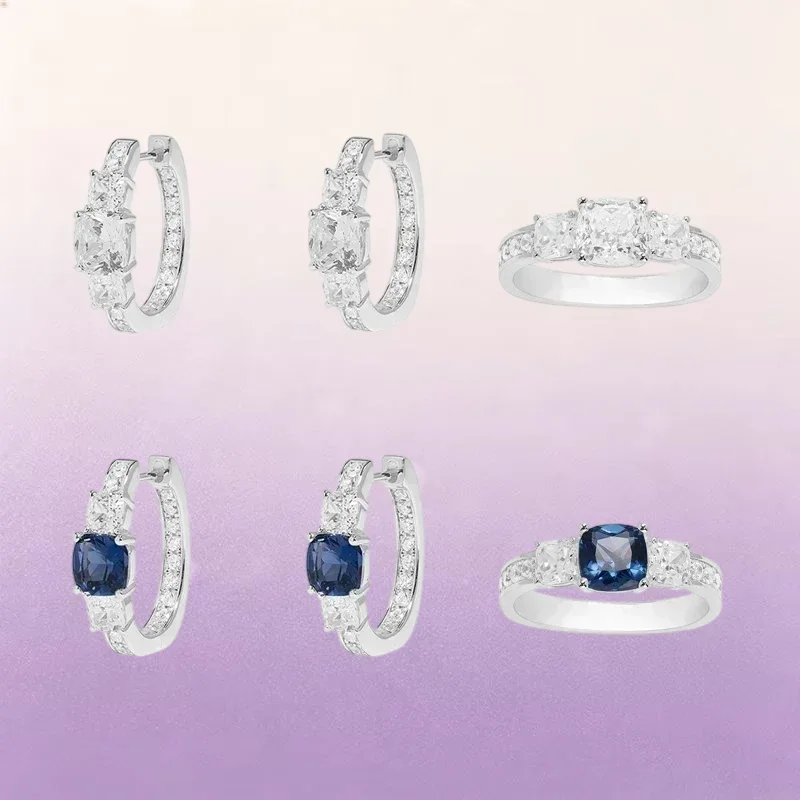 ZPFF S925 Sterling Silver Square White Blue Circular Earrings Ring Women Fashion Luxury Romantic Wedding Fashion Banquet Jewelr