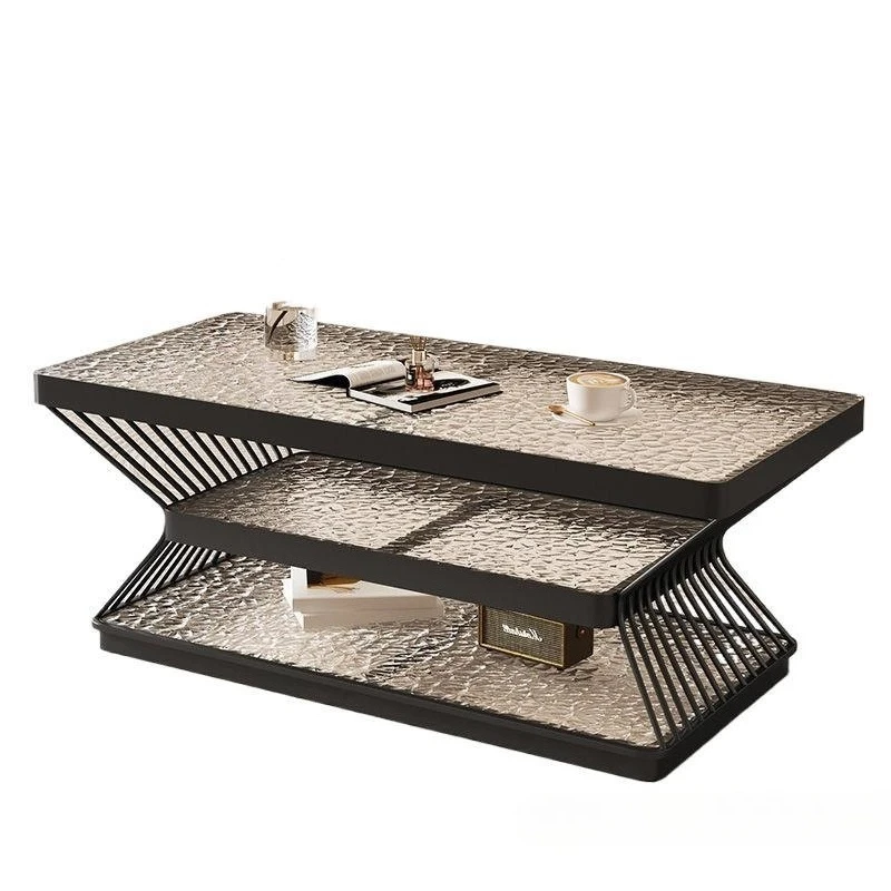 Cream sintered stone coffee table: a new modern rectangular double-layer tea table for home living rooms