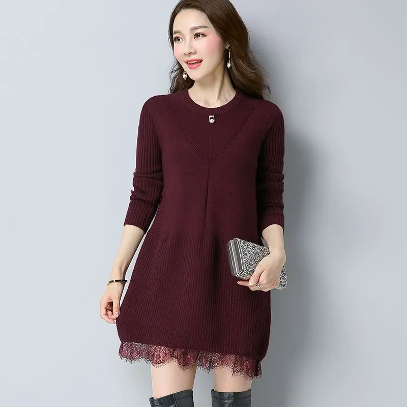 Autumn New Sweater Simplicity Patchwork Lace Solid Color O-neck Long Sleeve Knitting Mid Length Top Ladies All-match Pullovers