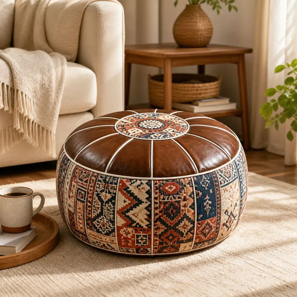 Boho Pattern Ottoman Pouf Fillable Design Large Opening Storage Ottoman PU Leather Water Resistant Round Pouf Cover