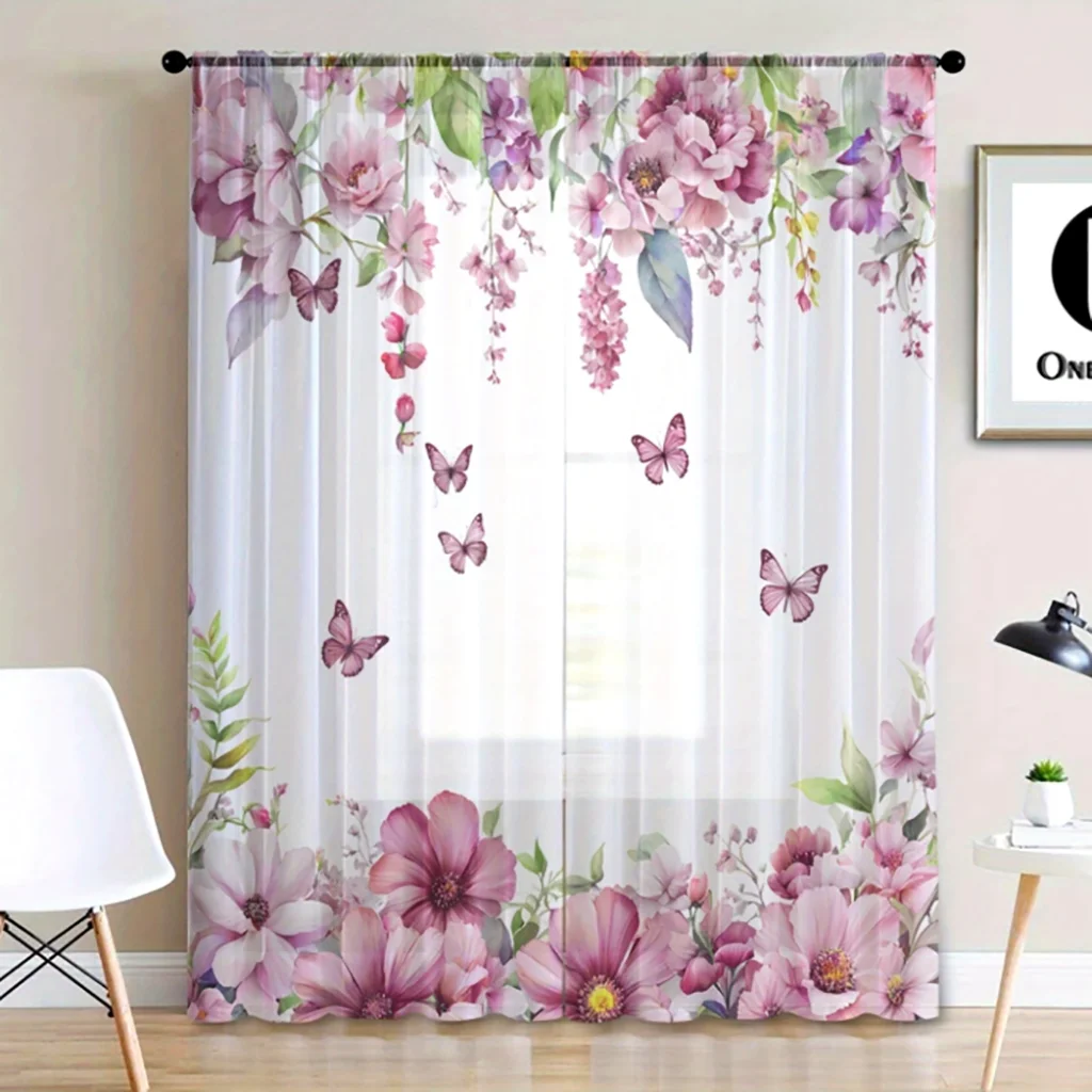 2PCS Watercolor Pink & Purple Floral Butterfly Print Sheer Gauze Curtains for Bedroom Living Room Decor