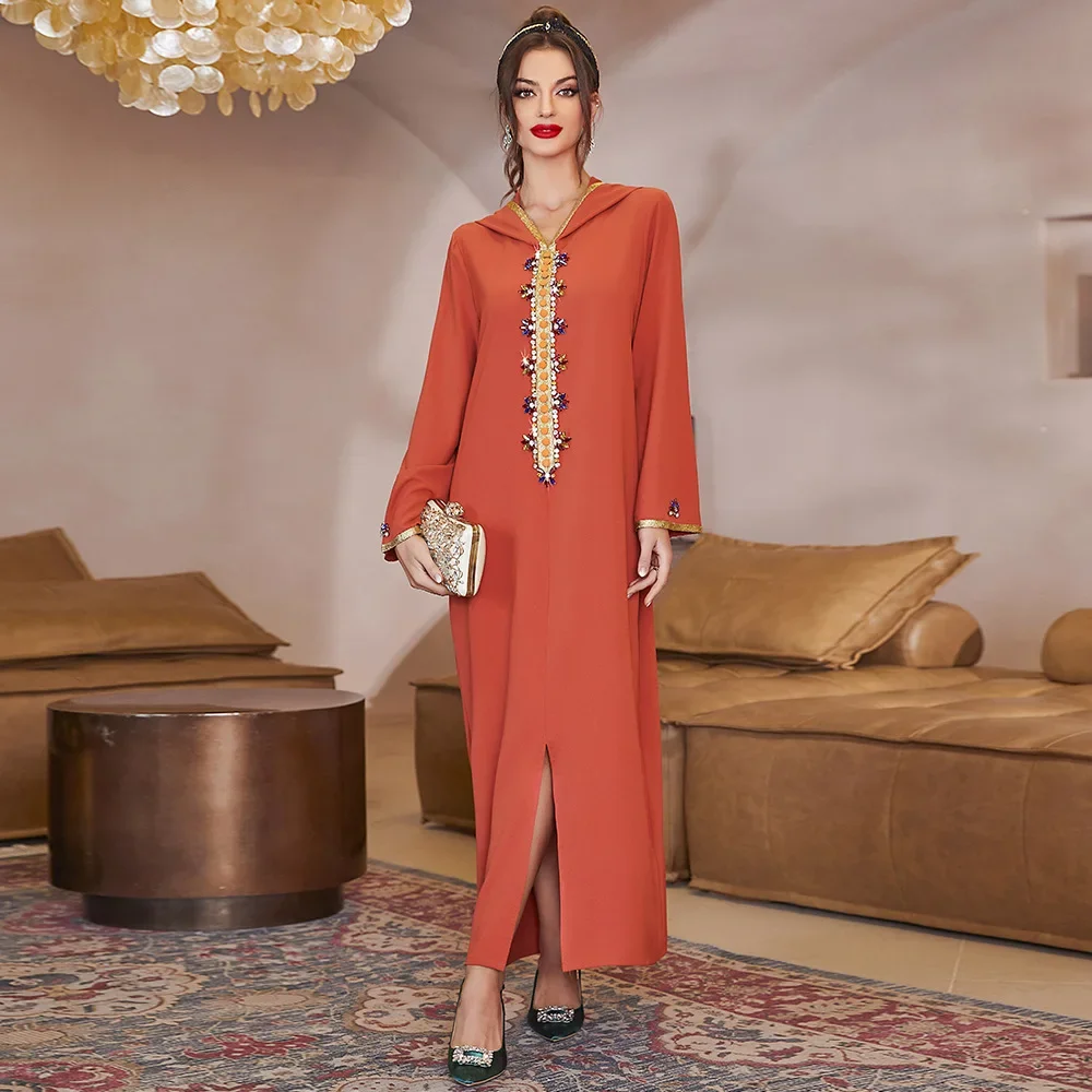 

Muslim Party Dress Hooded Women Ramadan Eid Kaftan Abaya Diamond Islamic Saudi Arabic Long Gulf Jalabiya Split Hem Kaftan Robes