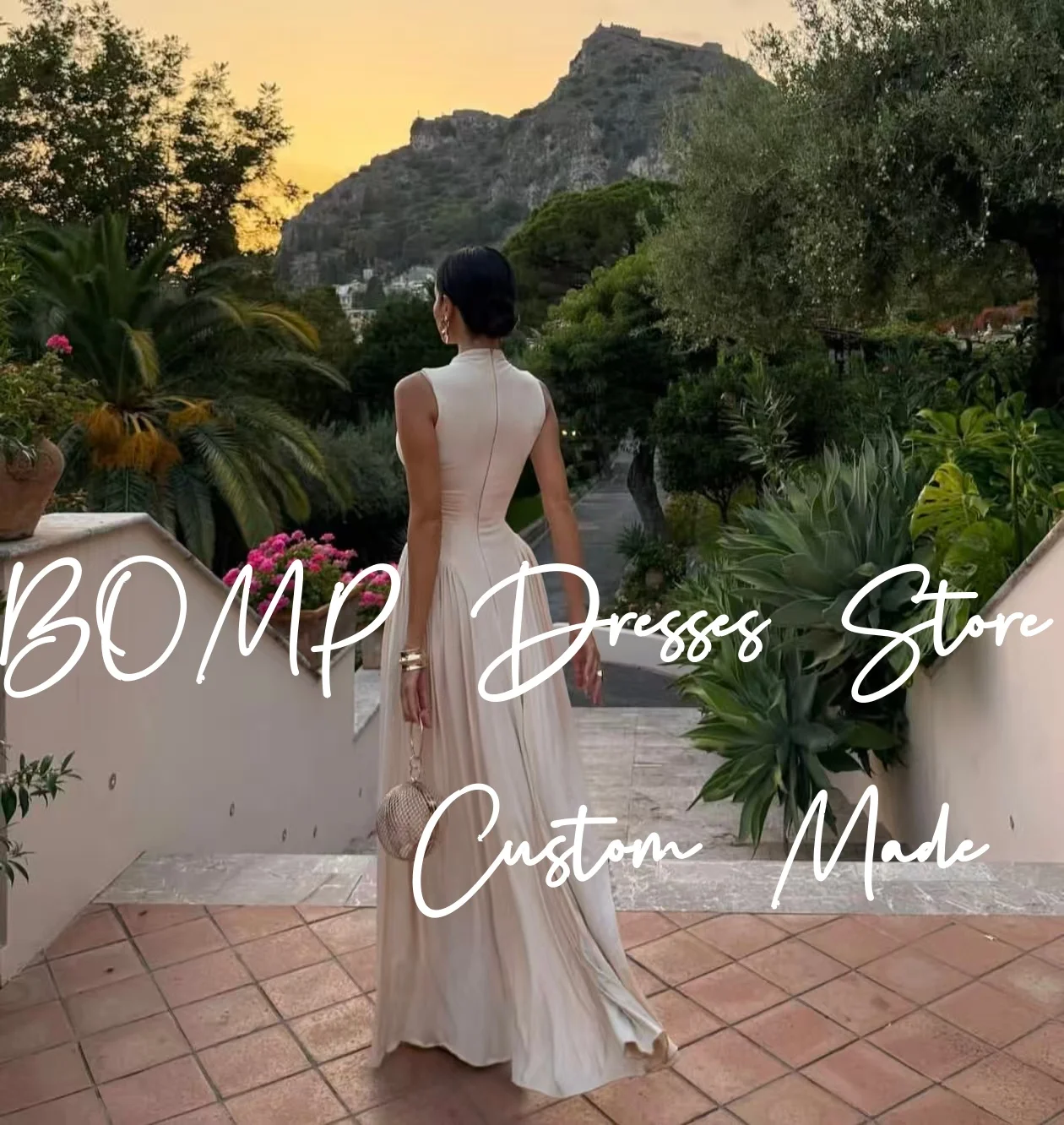 BOMP Elegante avondjurk O-hals Mouwloos Gedrapeerd A-lijn Vloerlengte Satijn Bruiloftsjurk Op maat gemaakte • Musta Juan 2017-