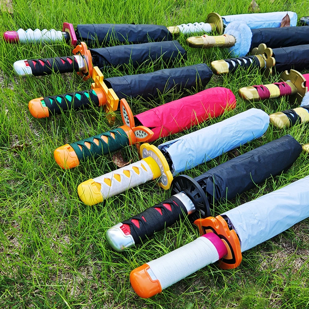 Anime Katana Umbrella Solid Color Sunny Rainy Foldable UV Protection Black Parasol Perfect Gift for Anime Fans Collectors