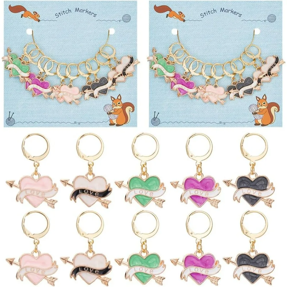 20 Uds marcadores de puntada de corazón esmalte de aleación con palabra y flecha marcadores de puntada con colgante marcador de puntada de bloqueo con anillo de copa de vino