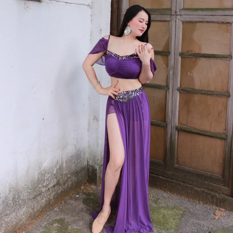 Aangepaste buikdanskostuums paarse prestatieset sexy klasse jurk groot formaat Indiase kleding dames exotische danskleding