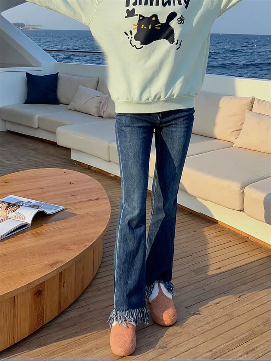 

Джинсы с расклешенными кисточками, женские облегающие джинсы с высокой талией, плиссированные, синие, расклешенные брюки, уличная одежда в стиле ретро, эластичная вышивка