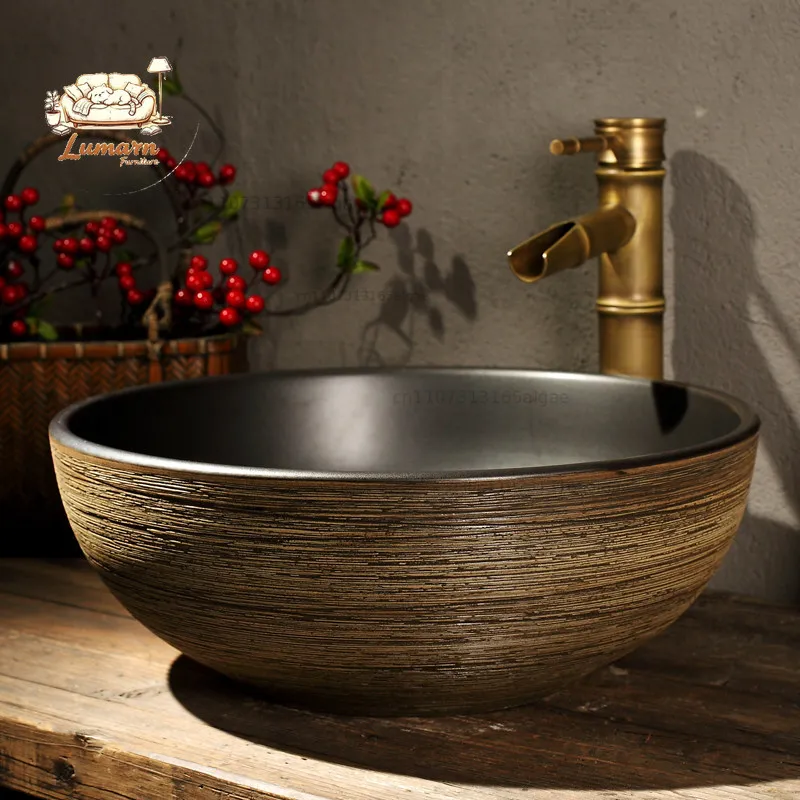 Household ceramic table basin Round art washbasin Small retro   Bathroom