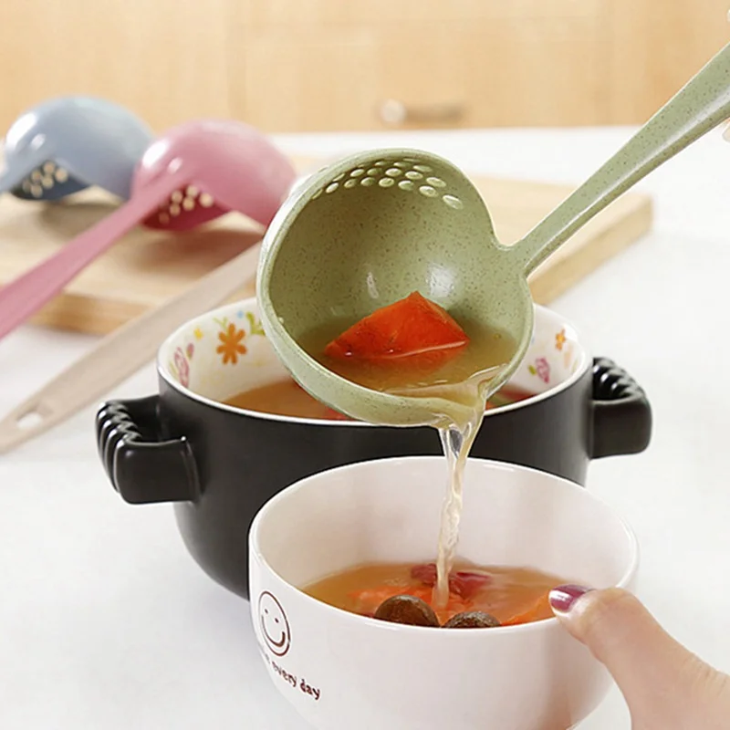 Hot Selling 2 in 1 Long Handle Soup Spoon Home Strainer Cooking Colander Kitchen Scoop Plastic Ladle Tableware