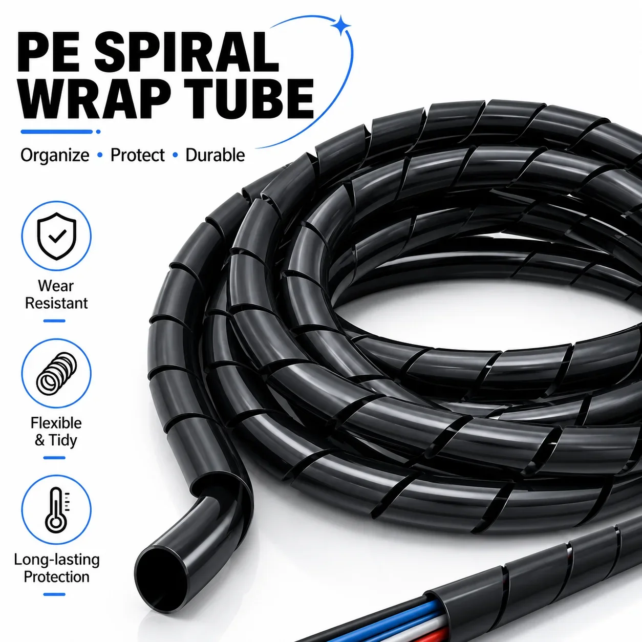 Black PE Spiral Cable Conduit Winding ID4-30MM Cable Protection Conduit Pressure Resistant, Wear-resistant, and Impact Resistant