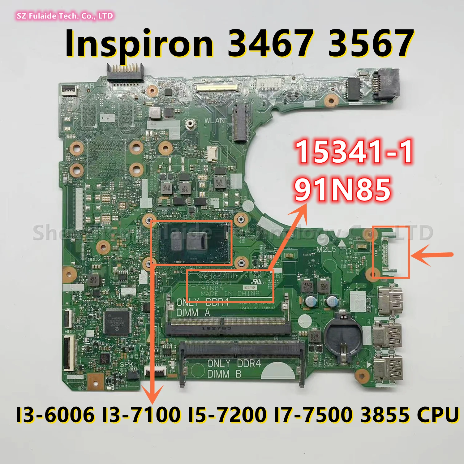 15341-1 91N85 For dell Inspiron 3467 3567 Laptop Motherboard I3-6006 I3-7100 I5-7200 I7-7500 3855 CPU CN-0NP4RY CN-0D71DF 02HKXD