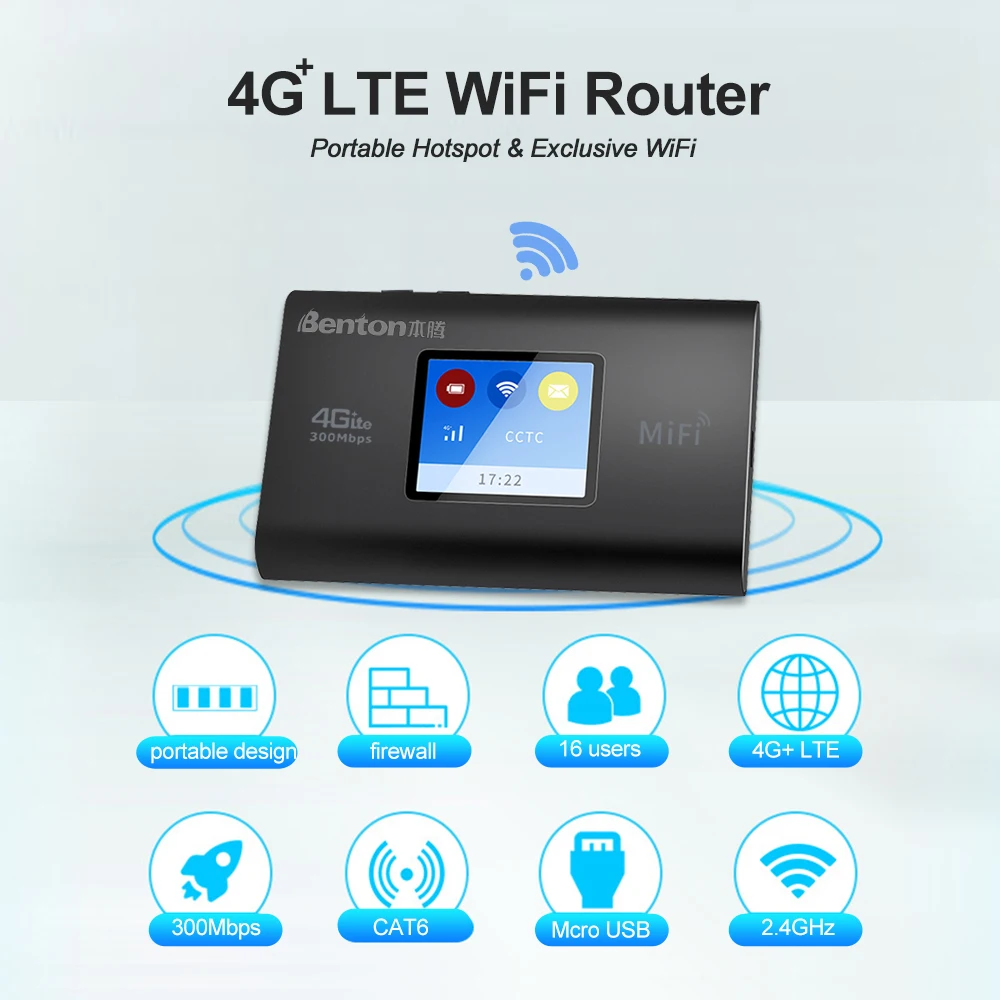 Benton Portable Wireless WiFi 4G Plus Router 3G 4G LTE MiFi CAT6 300Mbps 2.4GHz WiFi Repeater 16Users Mobile Hotspot Internet