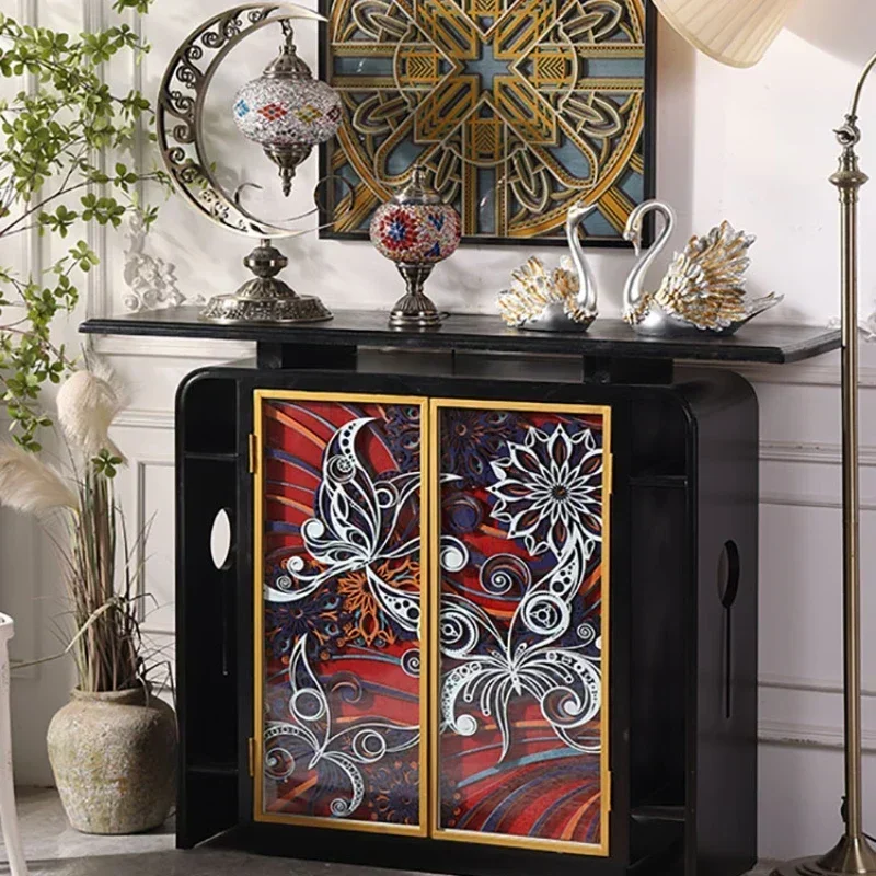 

Light Luxury Ladder Wood Stacked Engraving Entrance Cabinet Against The Wall Enamel Color Entrance Hall Decorative Cabinet