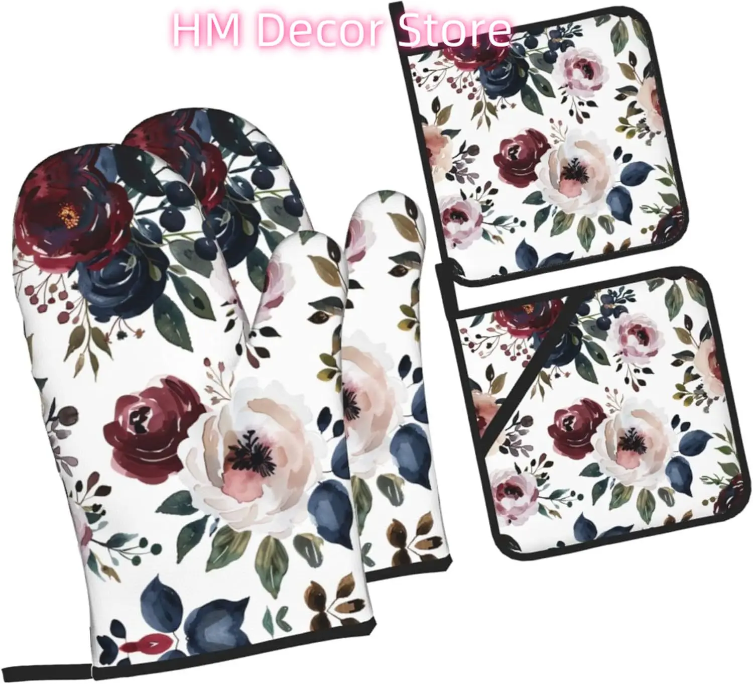 Navy Blue White Floral Oven Mitts and Pot Holders Sets of 4, Cute Heat Resistant Oven Mitts - Non-Slip Cooking Gloves for Kitche