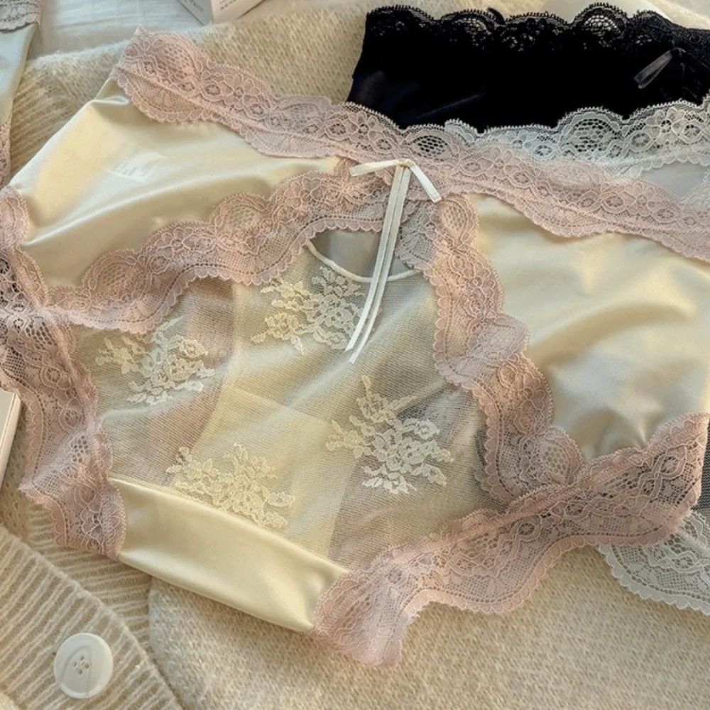 Delicate Mid Waist Lace Satin Panties Sweet Mesh Transparent Briefs Patchwork Invisible Bow Briefs Daily Wear