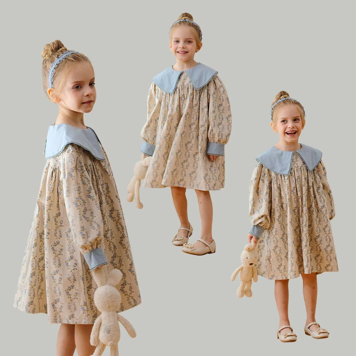 French Style Flower Contrast Lapel Dress For Kid Girl YBFSKID Spring Cotton Long Sleeve Sweet Princess Dress Kid Baby Girl Dress