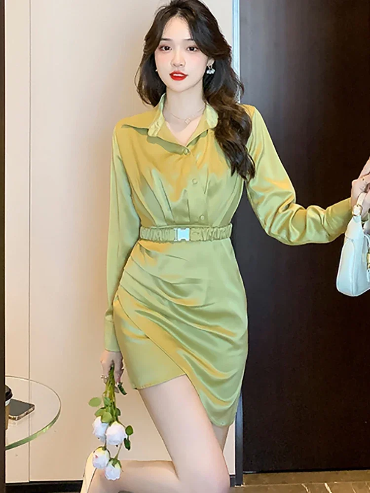 

2024 Green Satin Polo Collar Luxury Mini Dress Women Korean Vintage Black Party Vestidos Spring Autumn Elegant Office Lady Dress